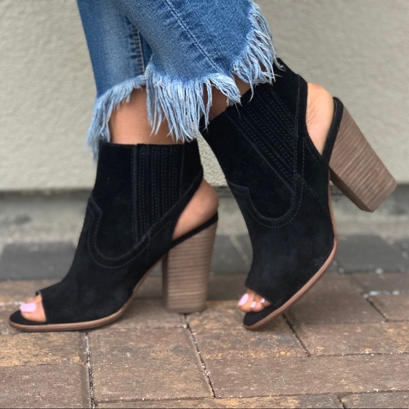 NIB Black Suede Peet Toe Open Back Ankle Bootie - Picture 3 of 8